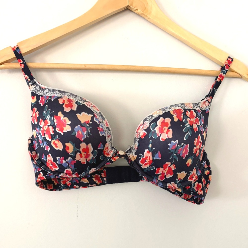 Aerie Brooke Floral Print Push Up Bra Lace Trim Cottagecore Navy Blue 34C